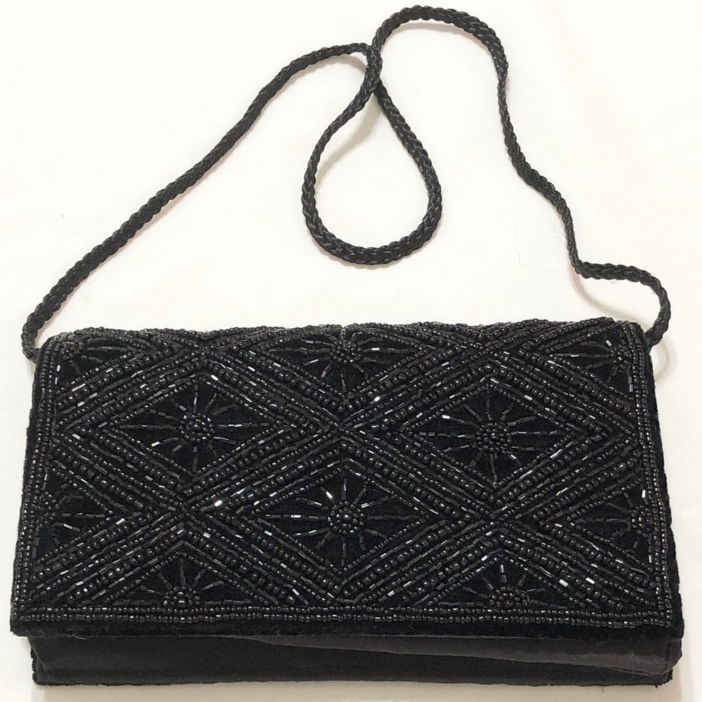 NWOT Black Velvet Beaded Mini Bag w/Shoulder Strap - Picture 1 of 11